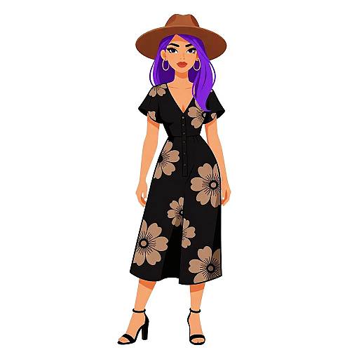 Digital illustration of a woman with purple hair, wearing a brown hat, black floral dress, and black high heels, against a white background.