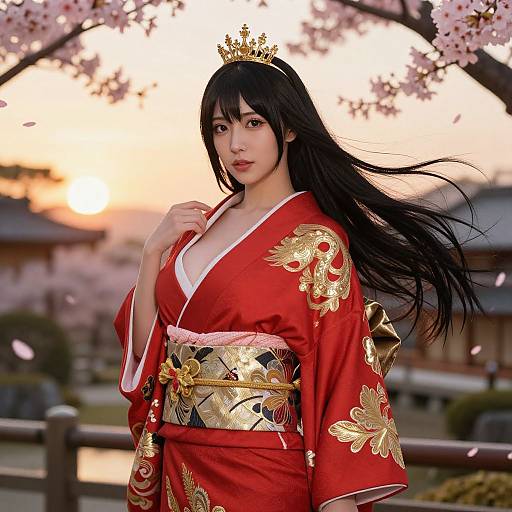 Photograph of an Asian woman with long black hair, wearing a red kimono with gold floral patterns, a gold crown, and a white lace-tr