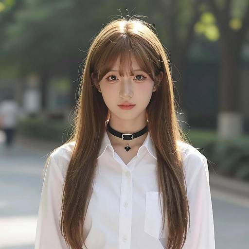 Portrait of young Asian woman with long hair and choker