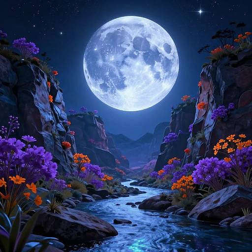 Digital artwork of a glowing full moon over a vibrant, rocky canyon with a flowing stream, surrounded by colorful purple and orange flowers under a starry night