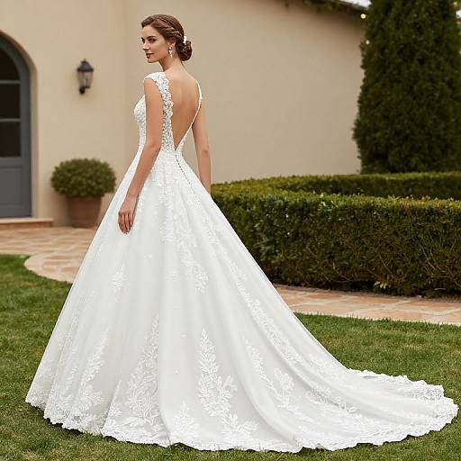 Photograph of a brunette woman in a white lace-back wedding gown, standing on a grassy lawn, with manicured hedges and a beige building