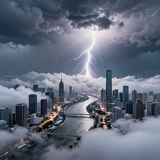 Photograph of a dramatic, lightning-filled sky over a cityscape with skyscrapers, illuminated streets, and a river, shrouded in clouds