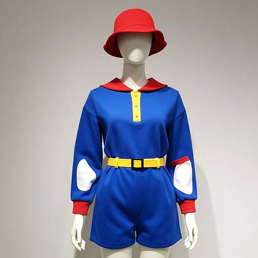 Photograph of a faceless mannequin wearing a red bucket hat, blue jumpsuit with yellow belt, red collar, and white elbow patches.