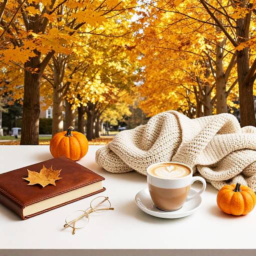 Photograph of autumn scene: white table with coffee cup, pumpkin, book, glasses, golden leaves, white knit blanket, orange pumpkins, and