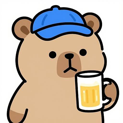 Cartoon bear with blue cap holding a frothy beer mug, simple black outline, beige fur, white background. Digital art style.