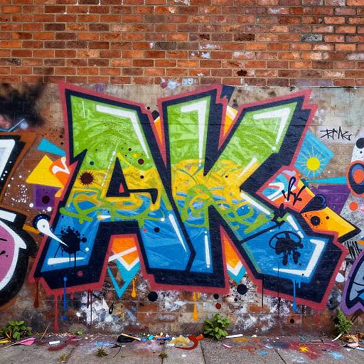 Vibrant graffiti on a weathered brick wall featuring bold, colorful letters 