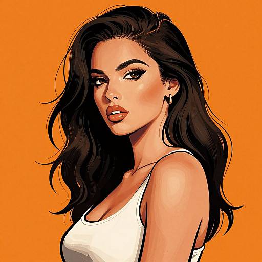 Digital illustration of a beautiful woman with long black hair, wearing a white tank top, against a vibrant orange background.