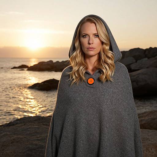 Blonde woman with wavy hair, wearing a dark gray hooded cloak with an orange button, stands by a sunset-lit rocky shore. Photograph