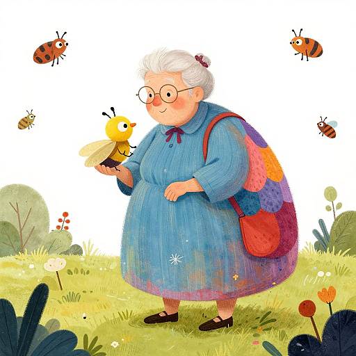 Illustration of an elderly woman with white hair, glasses, blue dress, and red backpack, gently holding a yellow bird, surrounded by four butterflies in