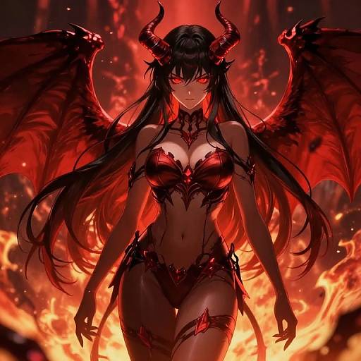 Digital illustration of a seductive, red-eyed demon woman with black horns, red wings, and black leather armor, standing amidst flames. Her long hair