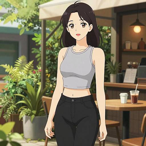 Trendy Woman in Garden Coffee Bar