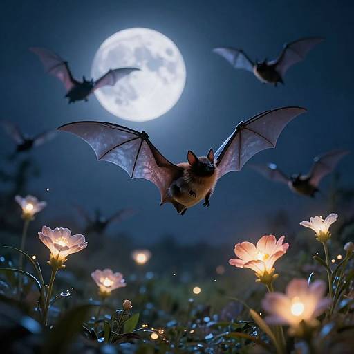 Photograph of a moonlit night featuring a central bat with outstretched wings, surrounded by glowing flowers and silhouetted bats, under a