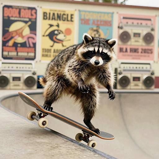 Photograph of a raccoon skateboarding on a concrete ramp with vintage posters in the background, showcasing a blend of urban wildlife and retro art.