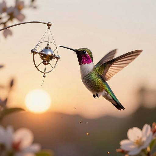 Photograph of a vibrant hummingbird with iridescent green feathers and a pink throat, hovering mid-flight to feed from a delicate, hanging feeder at