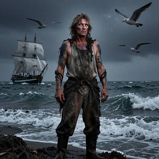 Photorealistic digital artwork of a rugged, dirty, muscular man with wild hair and tribal attire, standing on a stormy beach with waves, se