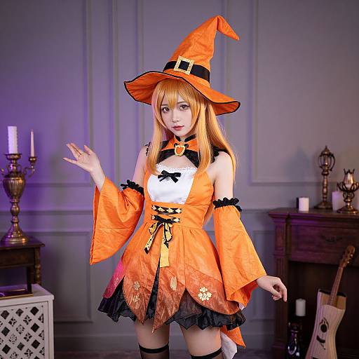 Photograph of a young woman in an orange witch costume with wide-brim hat, black lace trim, and white bodice, standing in a dim