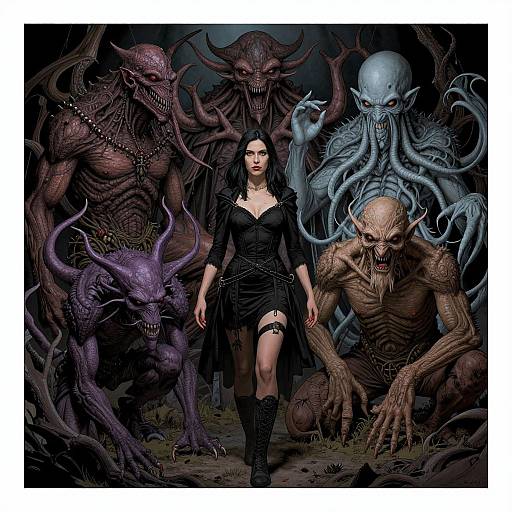 Digital artwork of a dark-haired woman in a black dress surrounded by menacing, monstrous creatures with varying textures and colors in a shadowy forest.