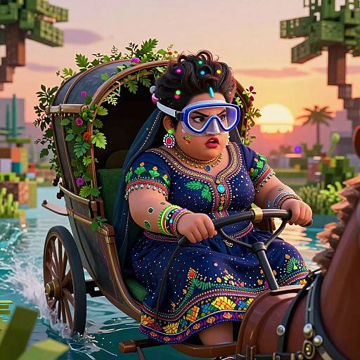 Digital art of a plus-sized woman with colorful traditional dress, flower-adorned cart, blue goggles, driving through pixelated Minecraft sunset.