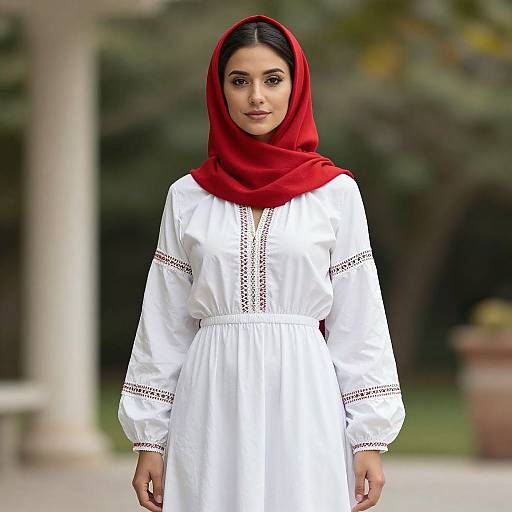 Photograph of a young woman with olive skin, dark hair, wearing a red hijab and white embroidered dress, standing outdoors.