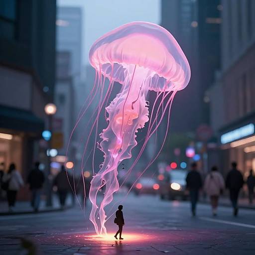Photograph of a city street at night with a glowing, pink jellyfish hovering above a silhouetted person, surrounded by blurred pedestrians and neon