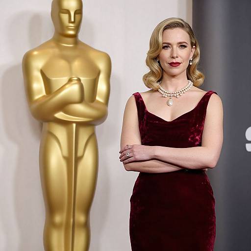 Photograph of a blonde woman in a red velvet dress and pearl necklace standing in front of a gold Oscar statue.