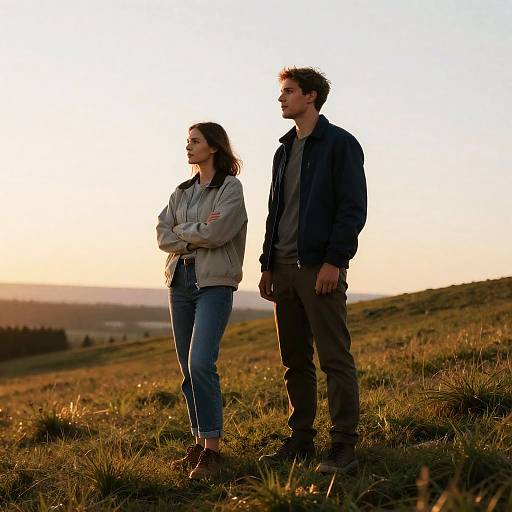 Photograph of a silhouetted couple standing back-to-back on a grassy hill at sunset, wearing casual clothes, with a serene horizon in