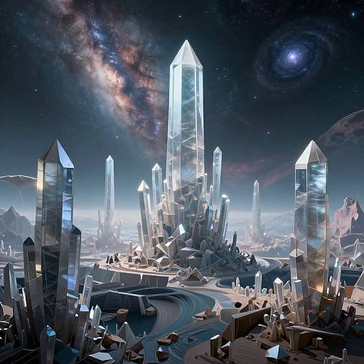 Digital artwork of a futuristic crystal city under a starry, galaxy-filled sky. Tall, glowing crystal spires surround a winding, illuminated pathway. Cosmic