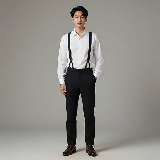 Photograph of an Asian man with short black hair, wearing a white shirt, black suspenders, black pants, and brown shoes, standing against a