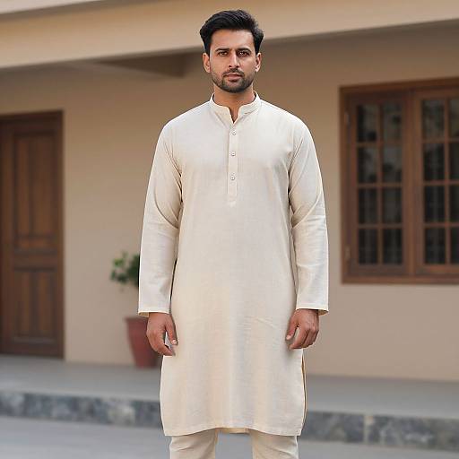 Photograph of a handsome, bearded South Asian man with short black hair, wearing a white traditional long kurta, standing in front of a beige