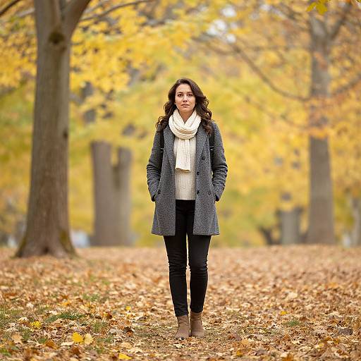 Photograph of a smiling woman with curly brown hair, wearing a white scarf, gray coat, black pants, and brown boots, standing in an autumn