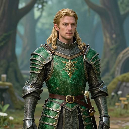 Photorealistic CGI of a blonde, fair-skinned male warrior in detailed green and black medieval armor, standing in a misty forest.