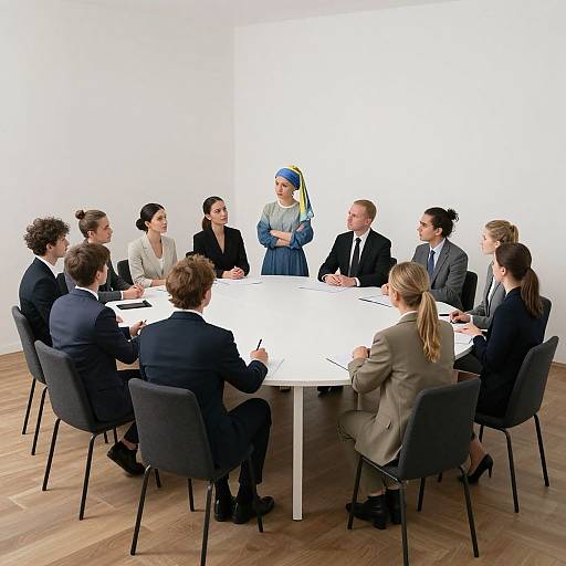 Photograph of a diverse business meeting: 9 professionals in suits, one woman in a blue hijab, seated around a white table in a bright