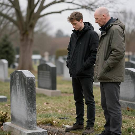 Two Men Mourning at Cemetery