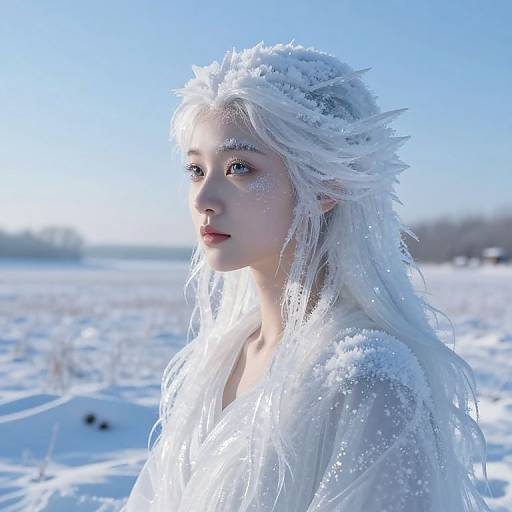 Photograph of a pale, ethereal woman with snow-covered white hair and elf-like ears, standing in a bright, snowy field under a clear blue