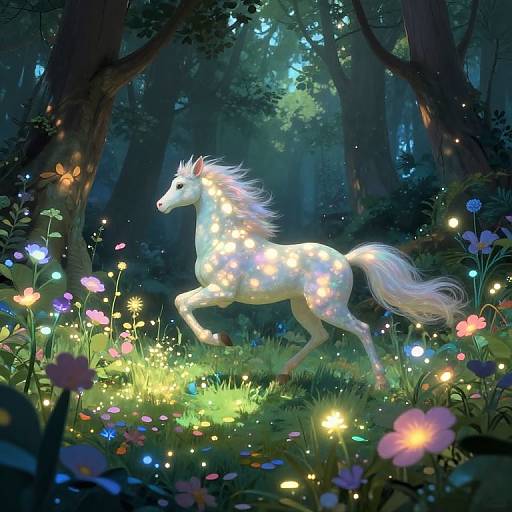 Digital painting of a glowing white unicorn with a flowing mane, running through a magical forest filled with colorful flowers and luminescent lights.