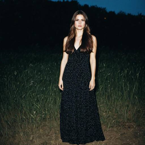 Woman in Designer Evening Maxi Dress Outdoors at Night