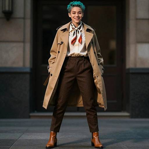 Cheerful Teal-Undercut Teen in Trench Coat