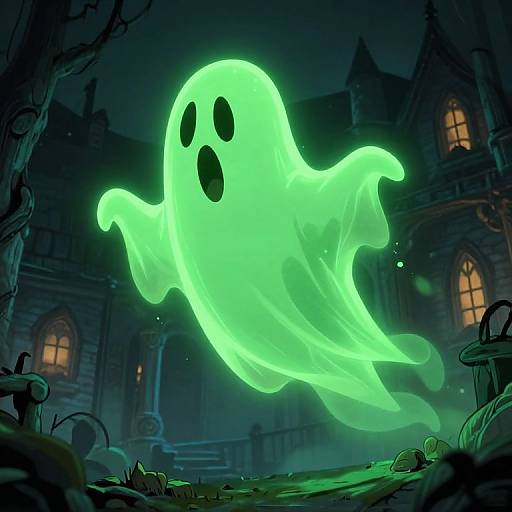 Digital artwork of a glowing green ghost with black eyes hovering in a dark, eerie, haunted mansion yard at night.