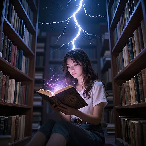 Photograph: Young woman with long black hair, white t-shirt, and gray shorts, reading a glowing book amidst lightning, surrounded by bookshelves
