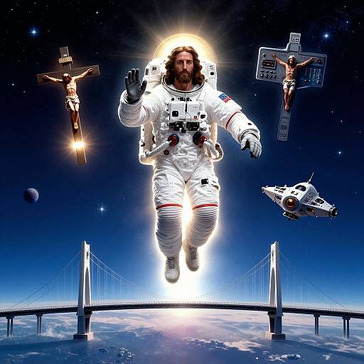 Photograph-like digital art of a bearded man in a white astronaut suit with a halo, jumping from a bridge into space, surrounded by crucifix