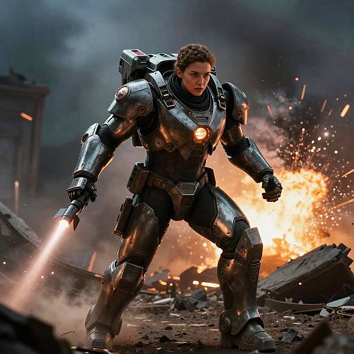 Photorealistic CGI of a muscular woman in black, futuristic armor with glowing chest and shoulder lights, wielding a blaster, standing amid an explosive,