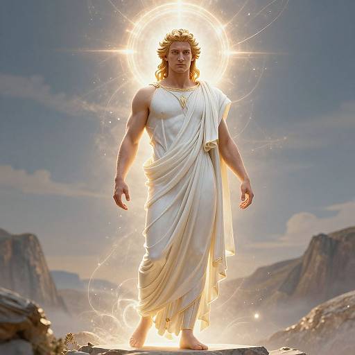 Photograph of a muscular, blond-haired man with a radiant halo, wearing a white toga, standing on rocks in a mountainous landscape at sunrise
