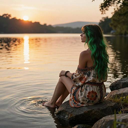 Photograph of a woman with green hair, sitting on a rock by a lake at sunset, wearing a floral off-shoulder dress, water r