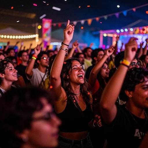 Photograph of a vibrant, crowded nightclub. Central woman with dark hair, black crop top, raised arms, laughing. Background: colorful lights, blurry