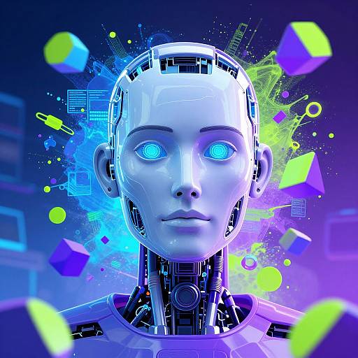 Digital illustration of a futuristic, glowing blue-eyed humanoid robot with exposed mechanical parts, surrounded by vibrant neon yellow and purple geometric shapes.