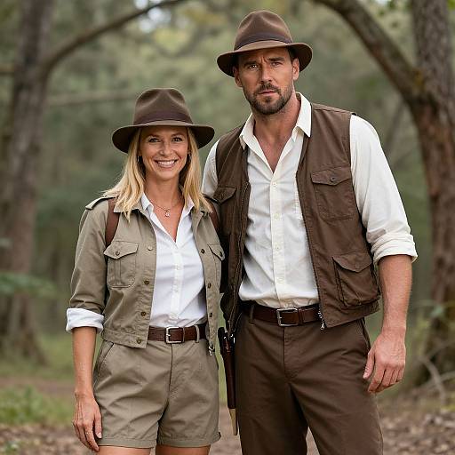 Photograph of a smiling blonde woman and a bearded man, both wearing brown hats, white shirts, and brown vests, standing in a forest.