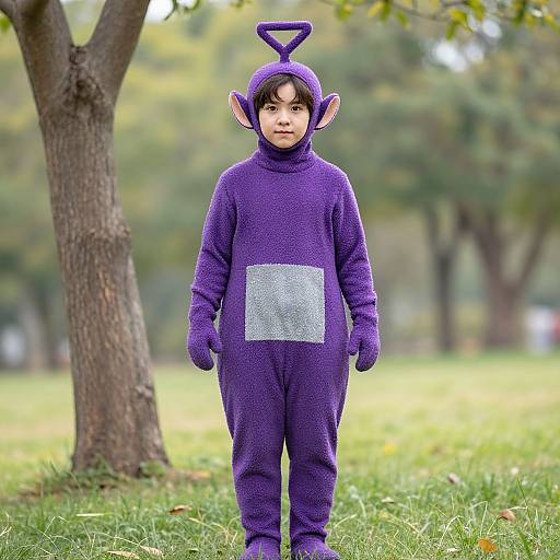 Photograph of a young boy standing in a park, wearing a purple Ewok costume with a gray square patch, under a tree with green grass