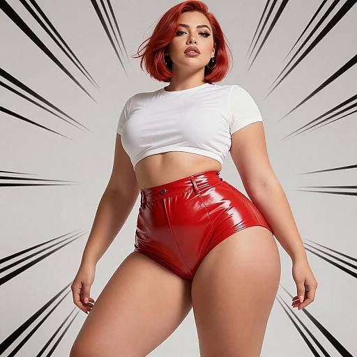 Photograph of a confident woman with red hair, wearing a white crop top and red vinyl high-waisted shorts, standing against a white background with