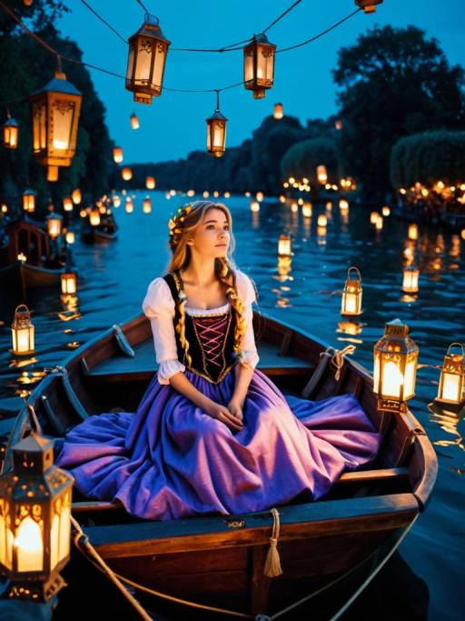 Woman in Rapunzel Costume on Lantern-lit Boat