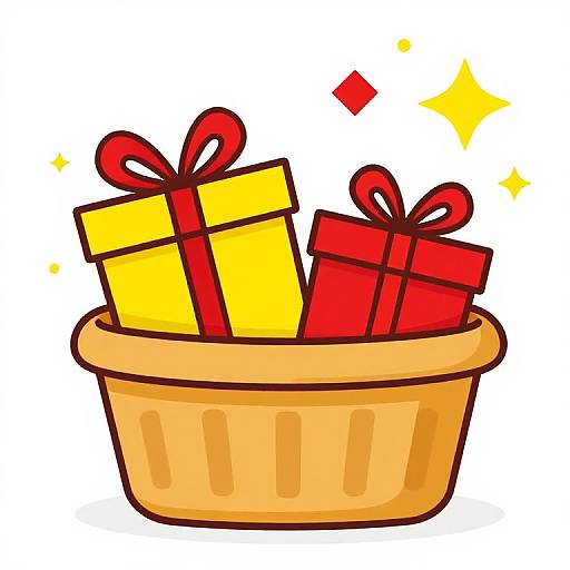 Colorful digital drawing of a beige pot with two yellow and two red gift boxes, each tied with a red ribbon, surrounded by sparkling yellow stars.